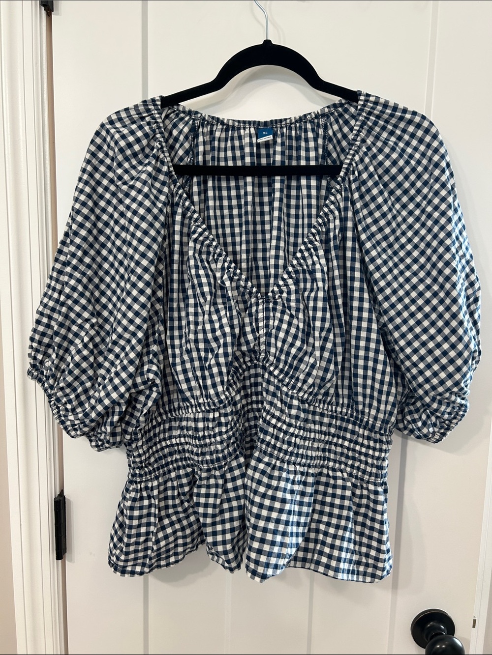 Old Navy Navy and White Gingham Puff-Sleeve Peplum Blouse
